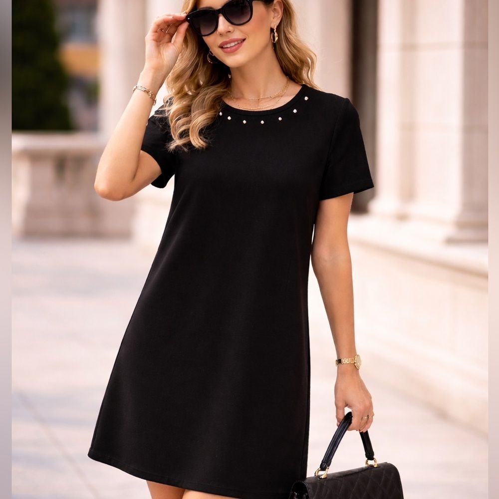 Black Dress with Pearls Short Sleeve Mini Elegant for Work Office Casual M Size